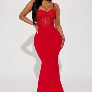 Fashion Nova Red Beaded Corset Mermaid Gown